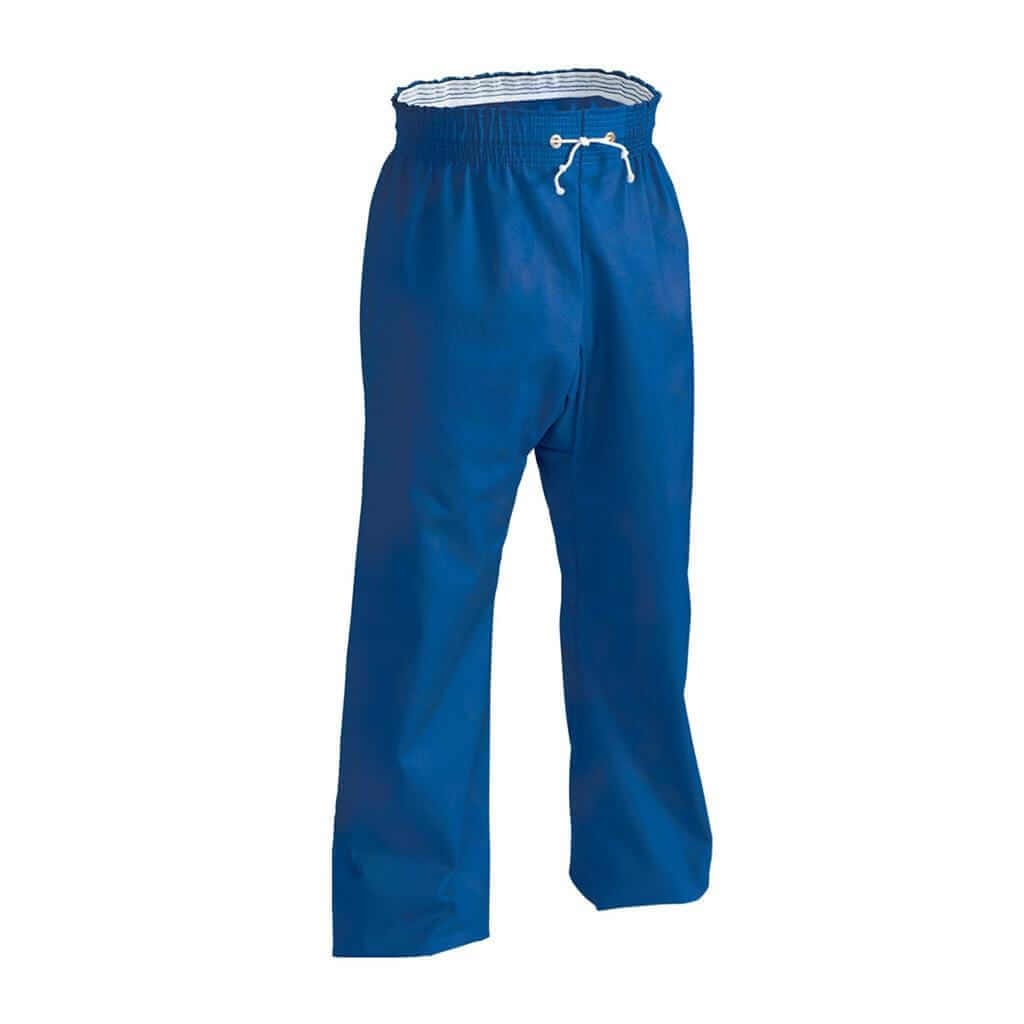 Royal blue 8 oz middleweight contact karate pants with elastic waistband white drawstring and pocket