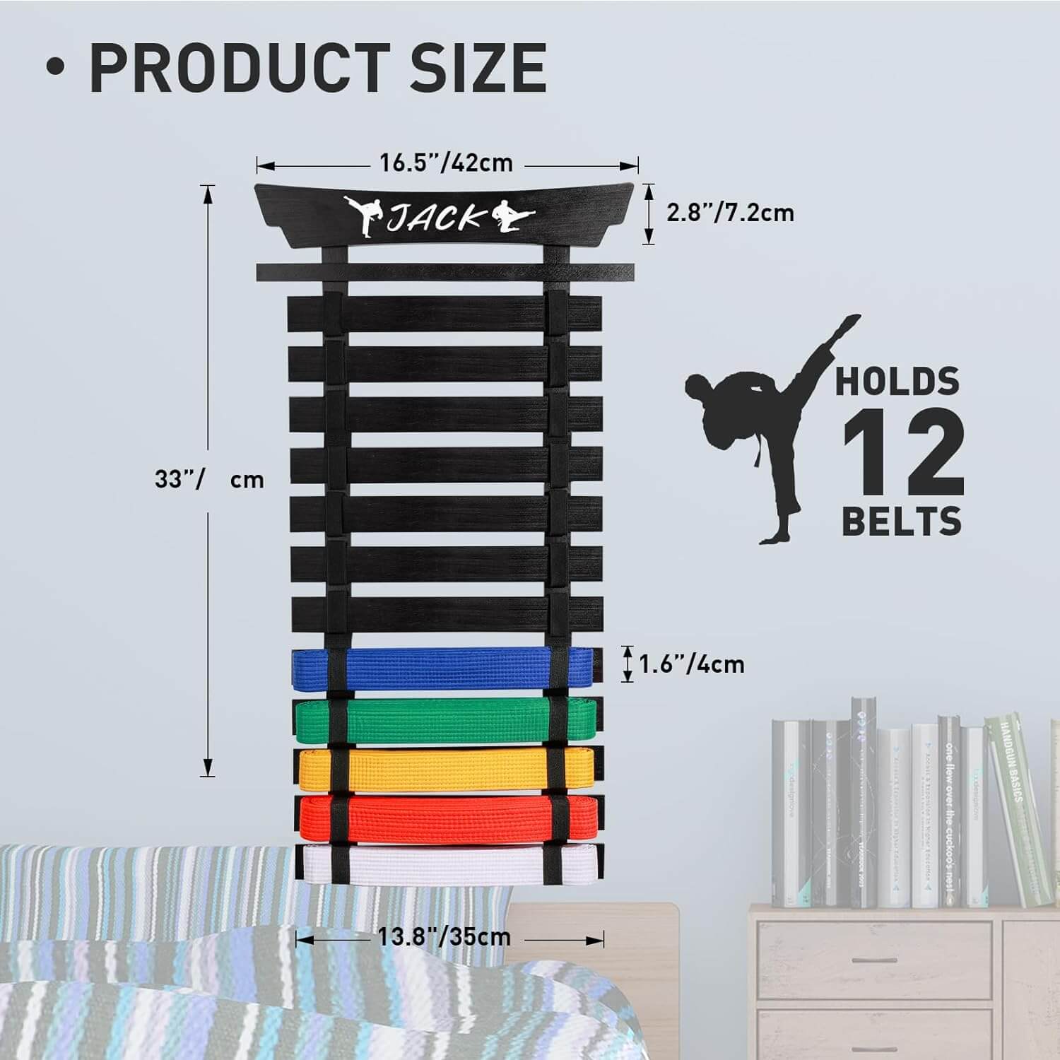 Eclipse Martial Art Supplies sporting goods 12 Belts Karate Belt Display Rack with Stickers, Martial Arts Belt Display Holder, Taekwondo Belt Jiu Jitsu Belt BJJ Belt Display Hanging Holder for Kids and Adults Gifts