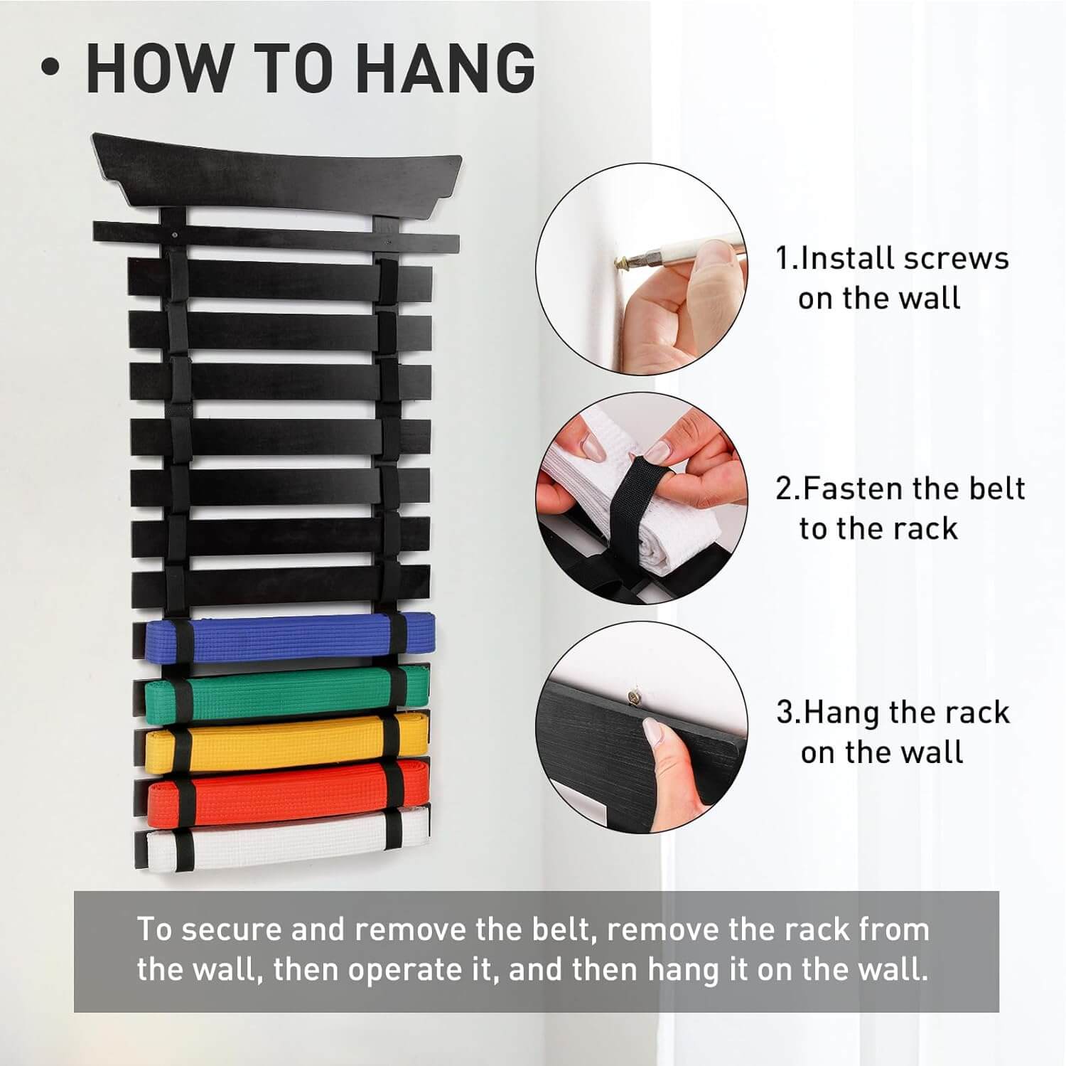 Eclipse Martial Art Supplies sporting goods 12 Belts Karate Belt Display Rack with Stickers, Martial Arts Belt Display Holder, Taekwondo Belt Jiu Jitsu Belt BJJ Belt Display Hanging Holder for Kids and Adults Gifts