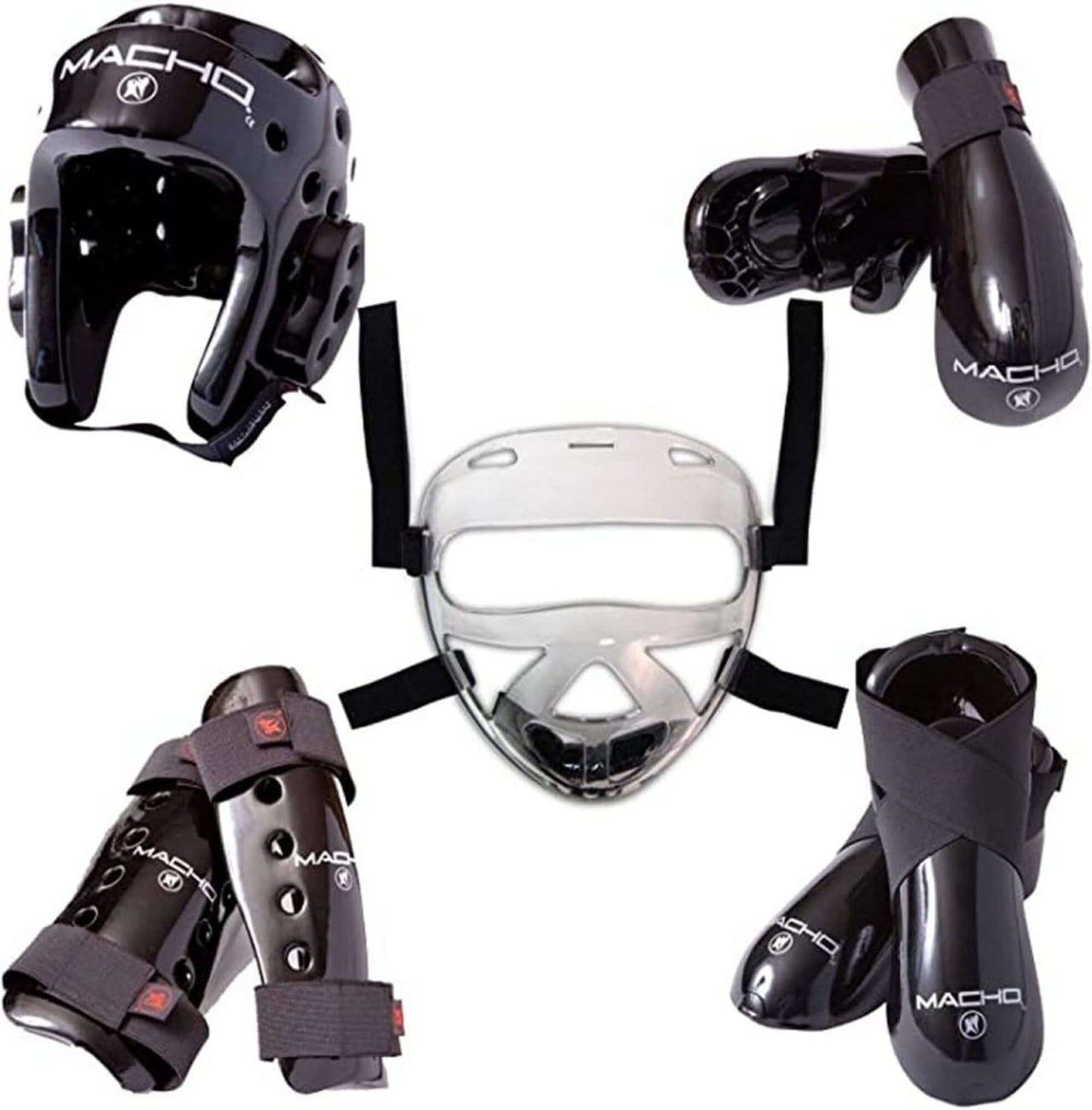 Eclipse Martial Art Supplies sporting goods Black / child small Macho Dyna 9 Piece Sparring Gear Set with shin Guards and face Shield