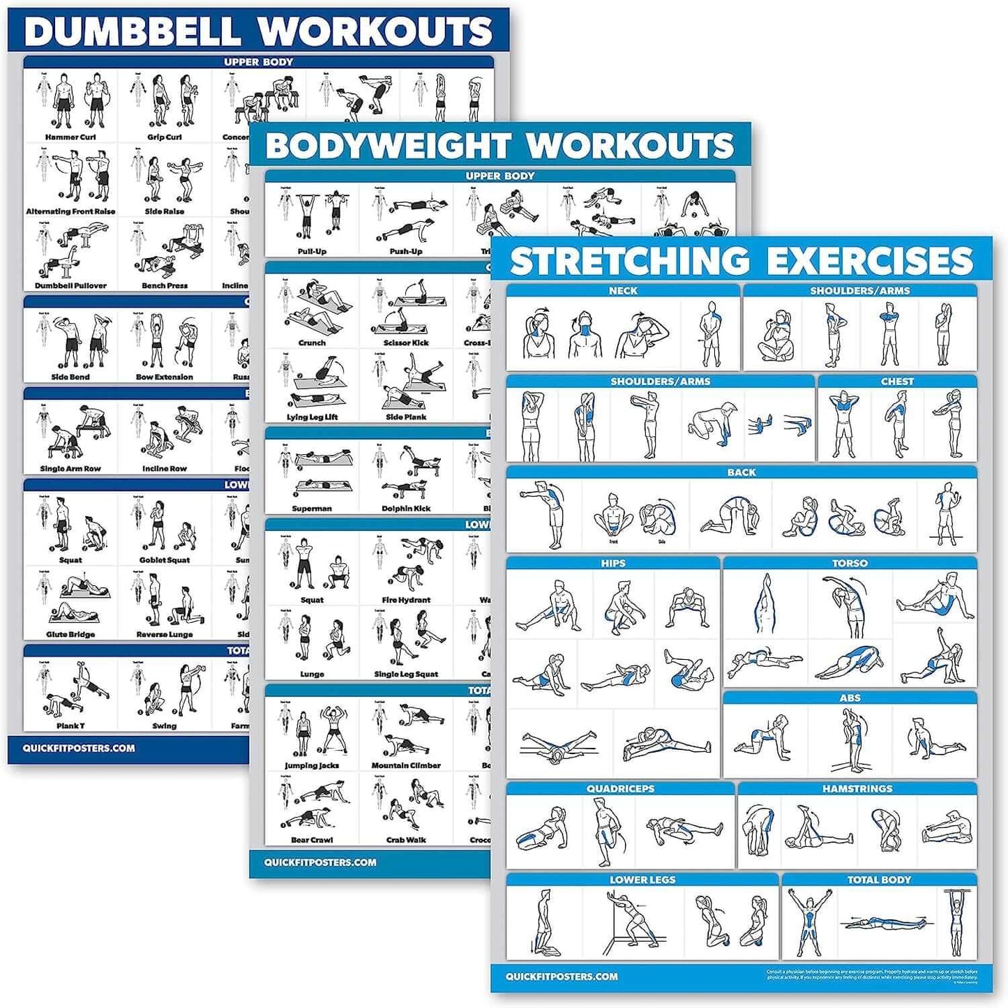 Eclipse Martial Art Supplies sporting goods QuickFit 3 Pack - Dumbbell Workouts + Bodyweight Exercises + Stretching Routine Poster Set - Set of 3 Workout Charts