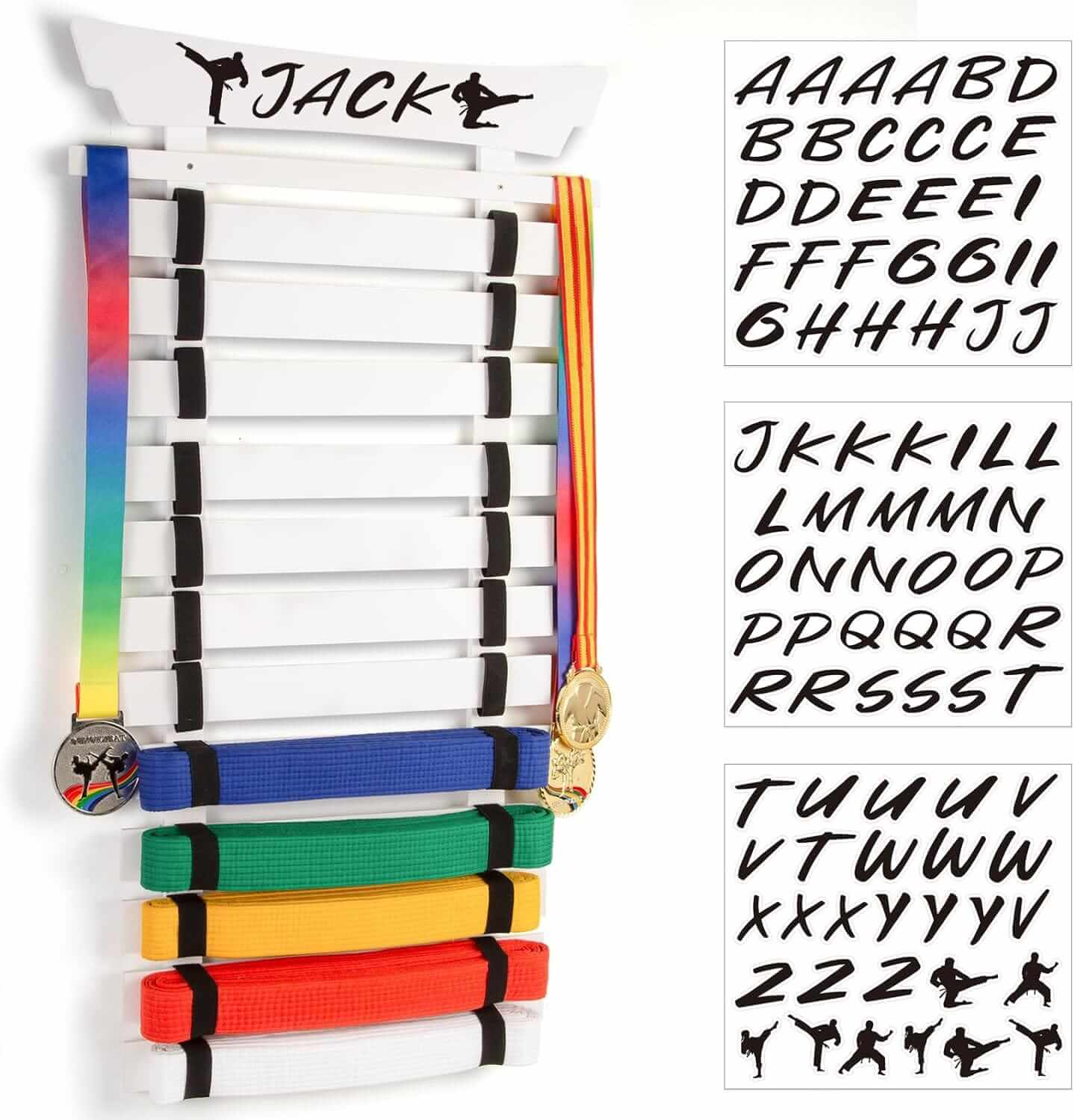 Eclipse Martial Art Supplies sporting goods White 12 Belts Karate Belt Display Rack with Stickers, Martial Arts Belt Display Holder, Taekwondo Belt Jiu Jitsu Belt BJJ Belt Display Hanging Holder for Kids and Adults Gifts