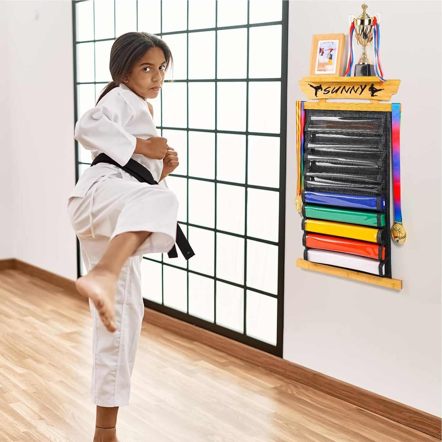 Eclipse Martial Art Supplies Tilhumt 10 Belts Taekwondo Belt Display with Stickers, Karate Belt Display Rack with Trophy/Photo Rack, Felt Dustproof Design, Easy to Clean, Martial Arts Belt Display for Children and Adults