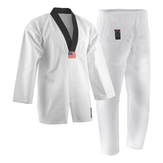 ProForce Karate Uniform 1 child med ProForce Gladiator 7 oz TKD Uniform white with black V-neck