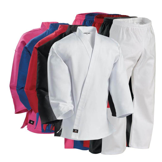 White 6 oz lightweight student karate gi set with classic v-neck collar elastic waistband and century logo on chest
