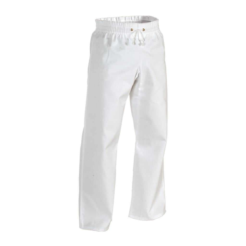 White 8 oz middleweight contact karate pants with elastic waist drawstring pockets and subtle front pleats