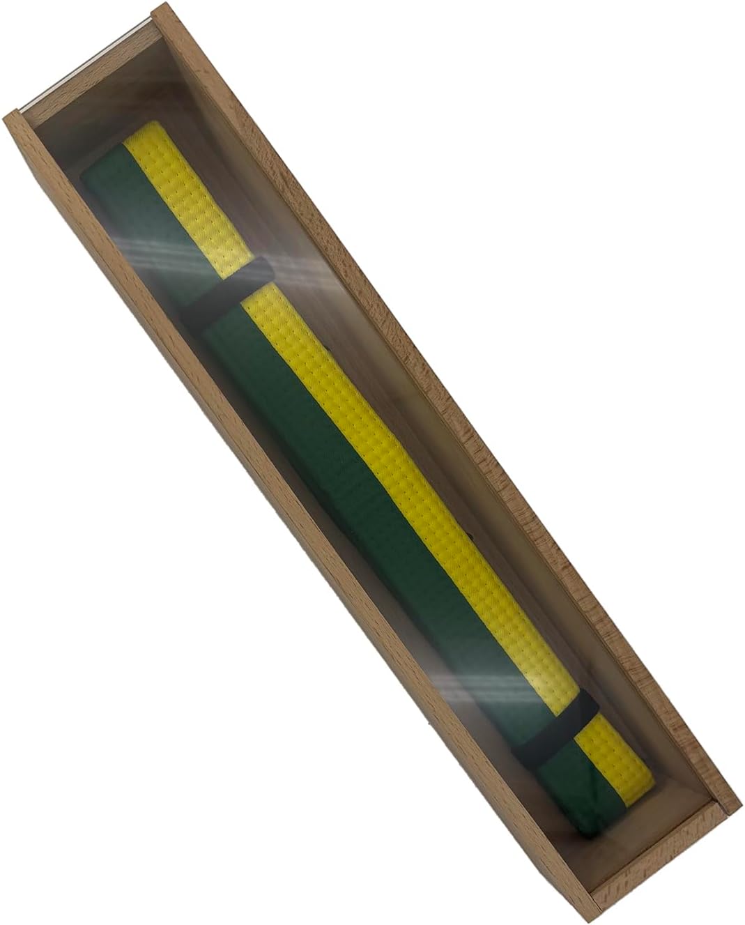 Beechwood martial arts belt display case showing a green and yellow belt with black stripes rolled inside the wooden shadow box