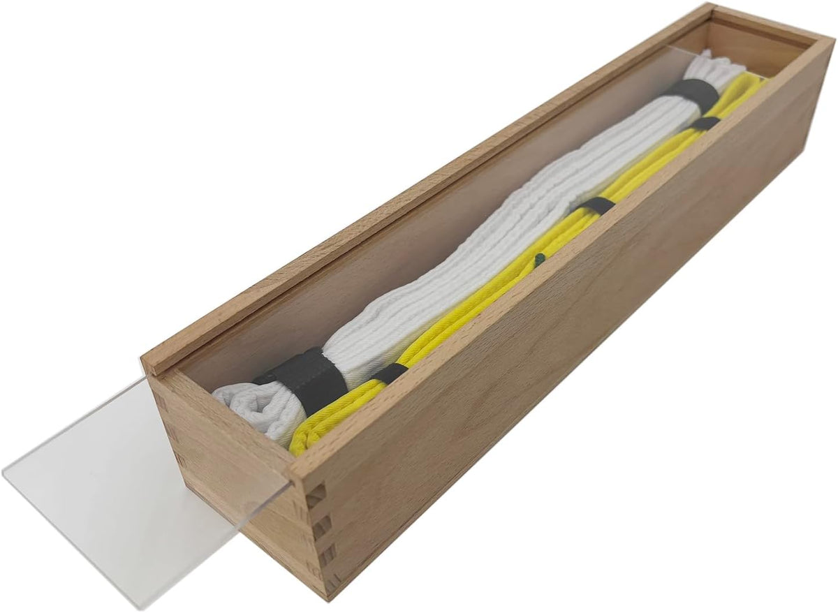 Beechwood martial arts belt display case shadow box with white and yellow belts neatly bundled inside wooden frame