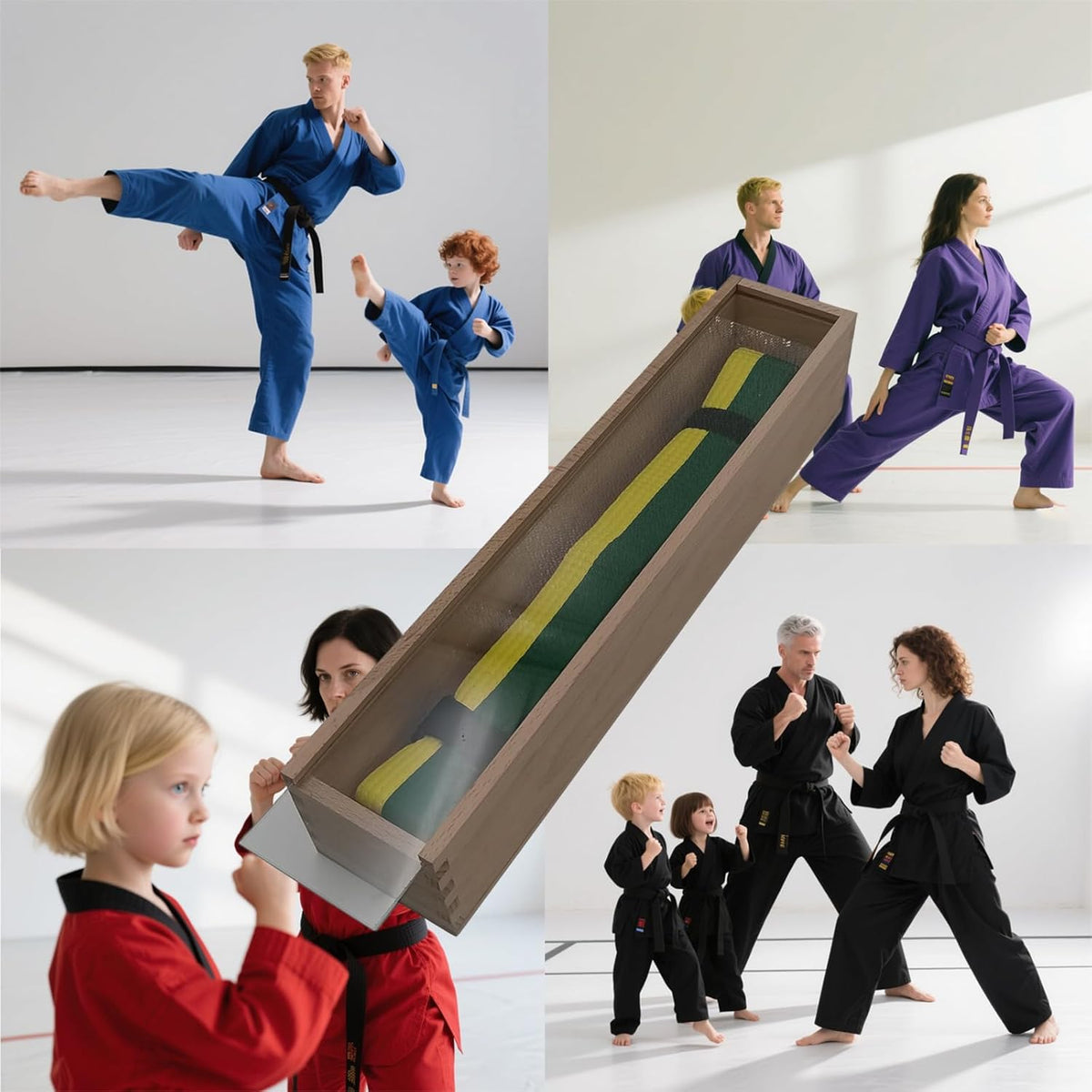 Long beechwood martial arts belt display case shadow box holding yellow and green belts