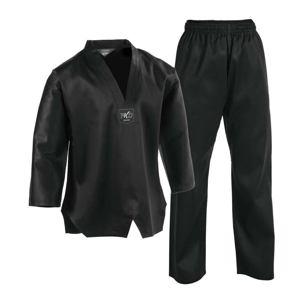 Black 6 oz lightweight tkd student uniform set with satin finish and elastic waistband for martial arts training