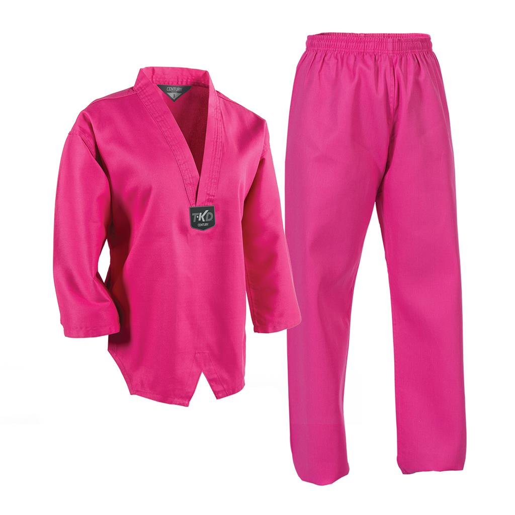 Vibrant fuchsia 6 oz lightweight tkd student uniform set with v neck top and elastic waist pants in smooth synthetic fabric