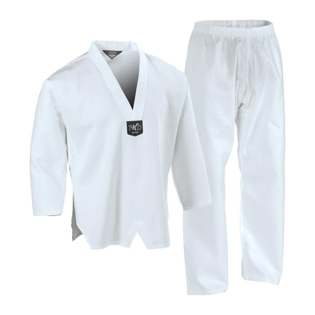 White tko brand 6 oz lightweight tkw student uniform set with long-sleeved v-neck top and matching pants