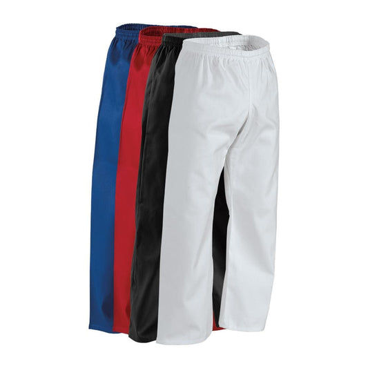 White 6 oz lightweight student martial arts pants with elastic waistband and smooth shiny fabric