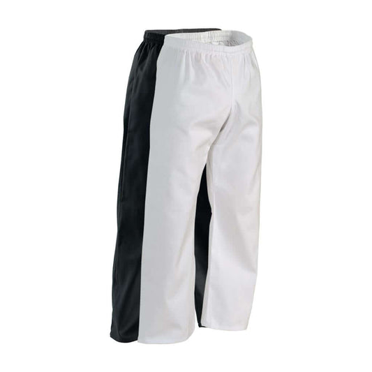 7 oz. middleweight student elastic waist pants in white and black featuring durable martial arts fabric