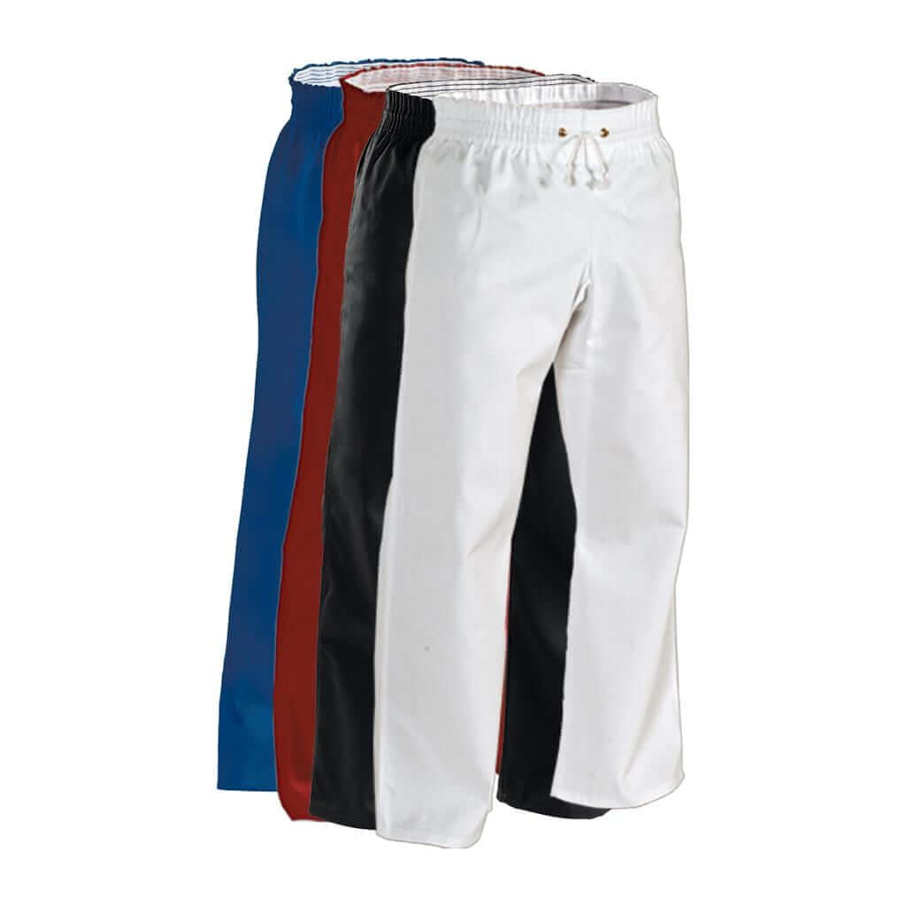 White 8 oz middleweight contact karate pants with relaxed fit, elastic waistband, and pocket for training use