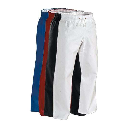 White 8 oz middleweight contact karate pants with relaxed fit, elastic waistband, and pocket for training use