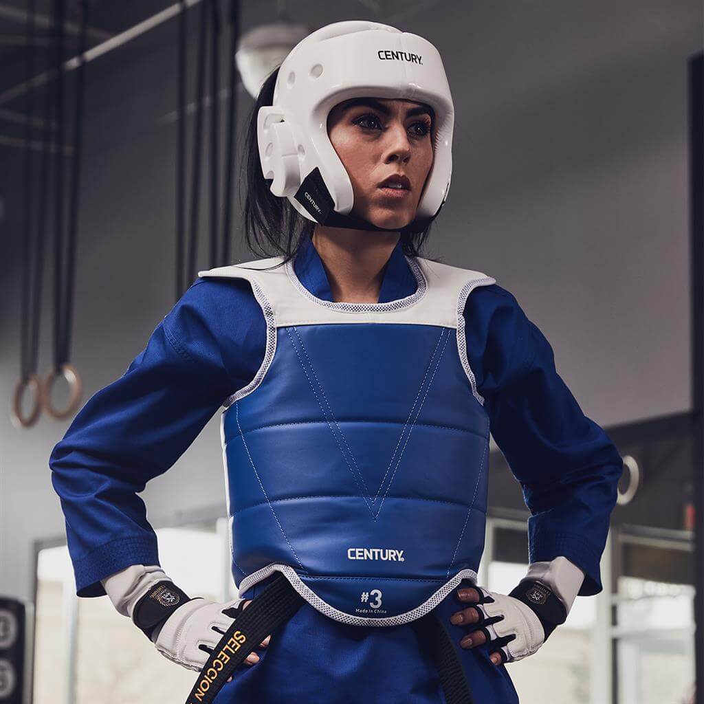 Blue and white century number 3 taekwondo chest protector with padded segmented design reversible red-blue use