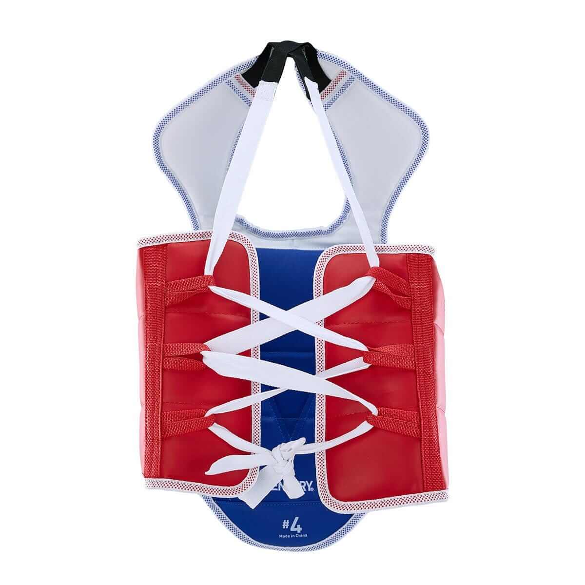 TKD student chest protector reversible red blue padded with white laces and black adjustable neck strap