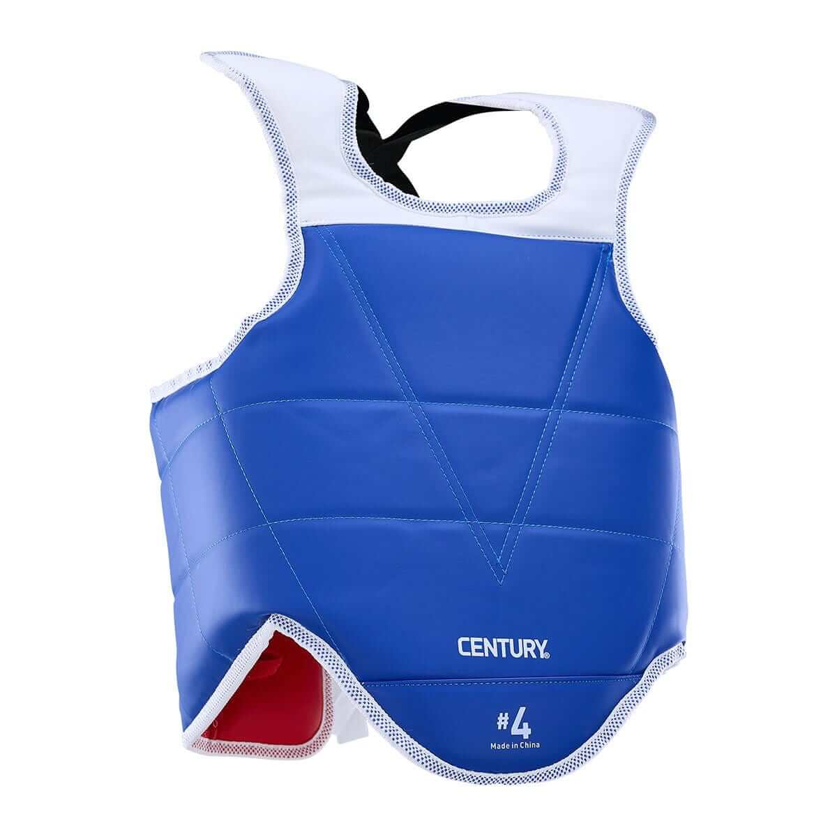 Blue century reversible tkd student chest protector with white mesh trim black straps and red interior lining