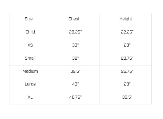 Size chart for TKD student chest protector reversible red-blue showing children’s clothing measurements in inches from child to XL