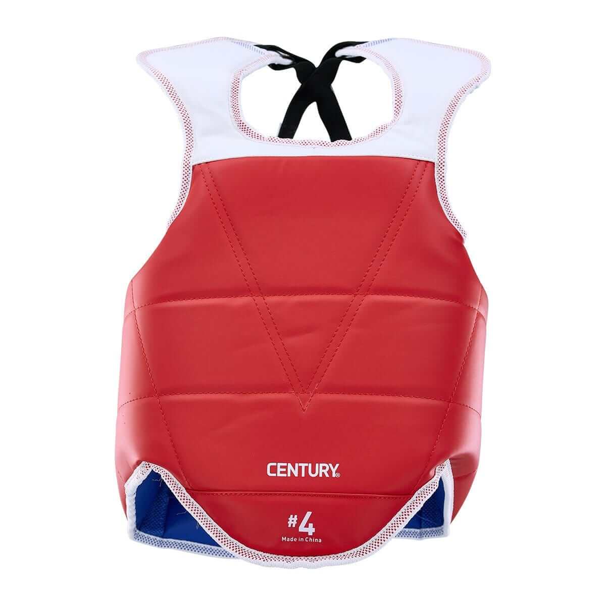 Tkd student chest protector reversible red-blue with red and white century martial arts design and black adjustable straps