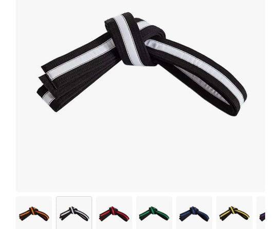 Black martial arts karate belt with double wrap and white reflective stripe for training and competition use