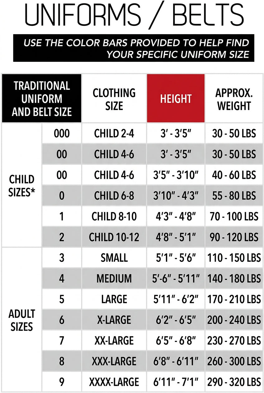 Uniform size chart with color-coded bars for selecting the correct fit of double wrap striped black martial arts karate belt