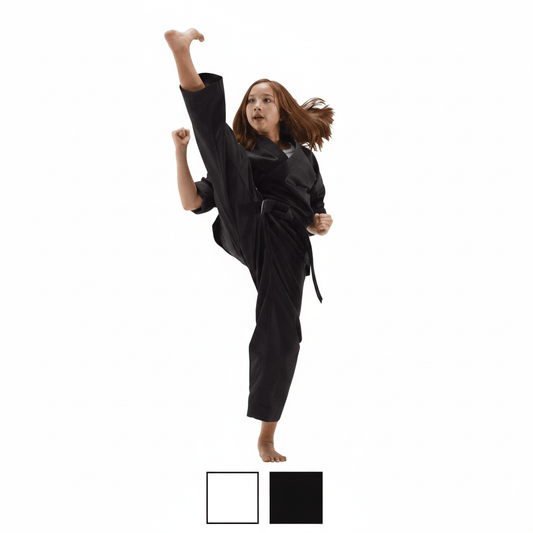 Black macho 7oz student uniform karate martial arts outfit with matching belt designed for dynamic movement and traditional cut