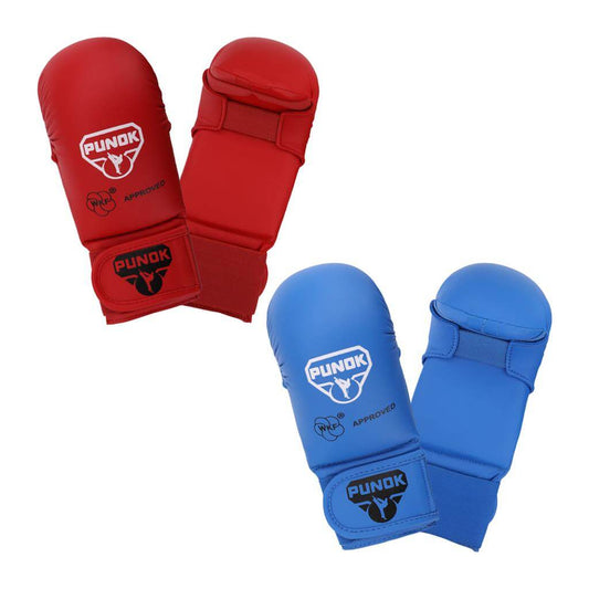 Red and blue punok wkf approved children’s boxing gloves with padded knuckle guards for karate punches