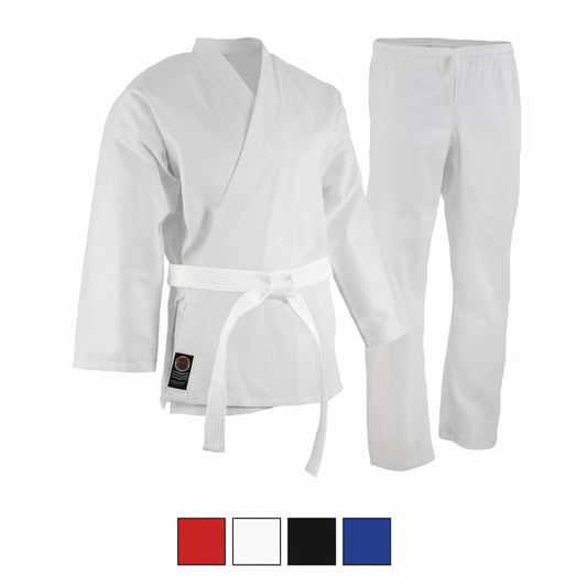 ProForce 6 oz white karate uniform set with elastic drawstring pants made from soft poly cotton blend fabric