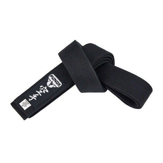 Black fabric weightlifting belt with white pundok logo and stylized graphic for Japanese style martial arts