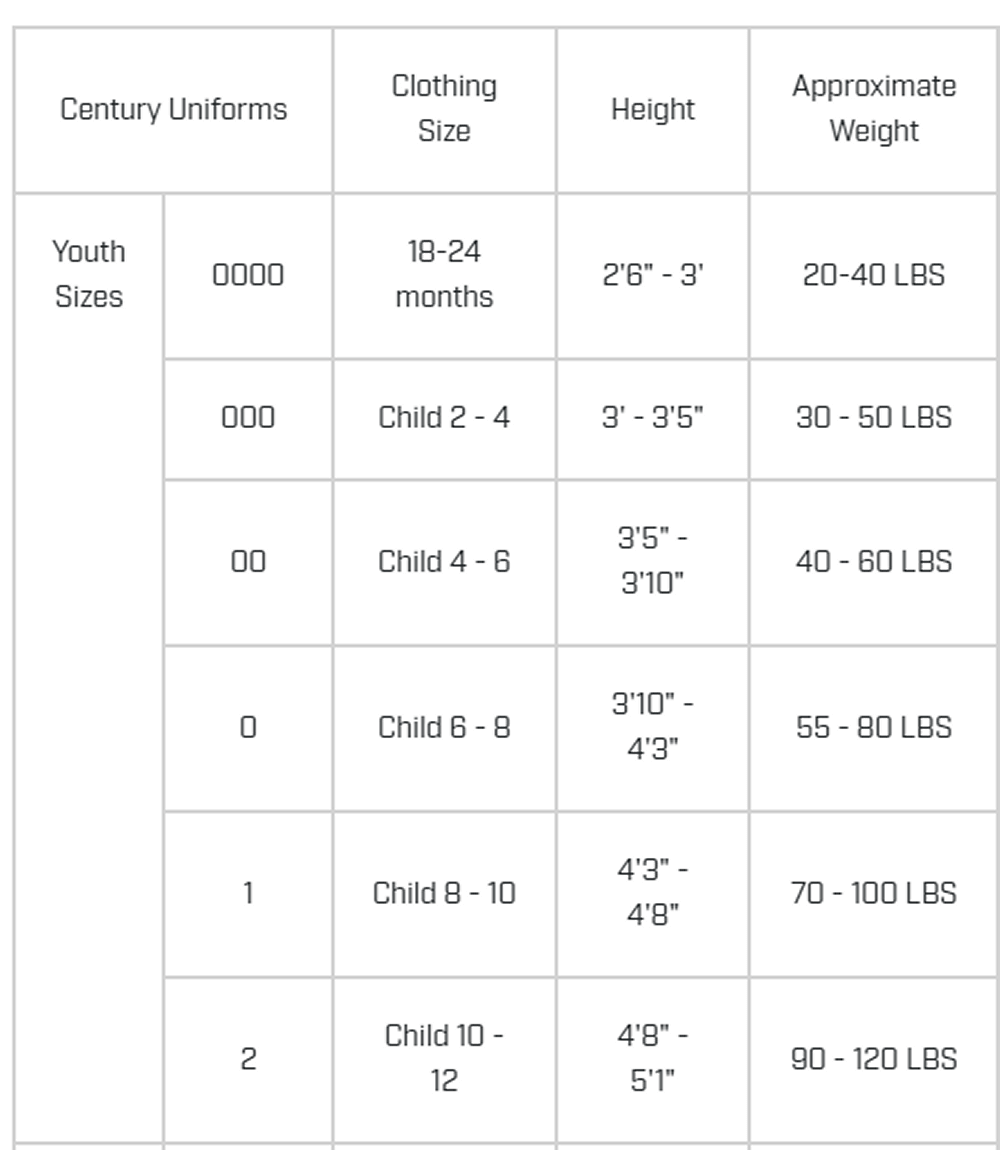 Century sporting goods Century 7 OZ MIDDLEWEIGHT STUDENT UNIFORM WITH ELASTIC PANT