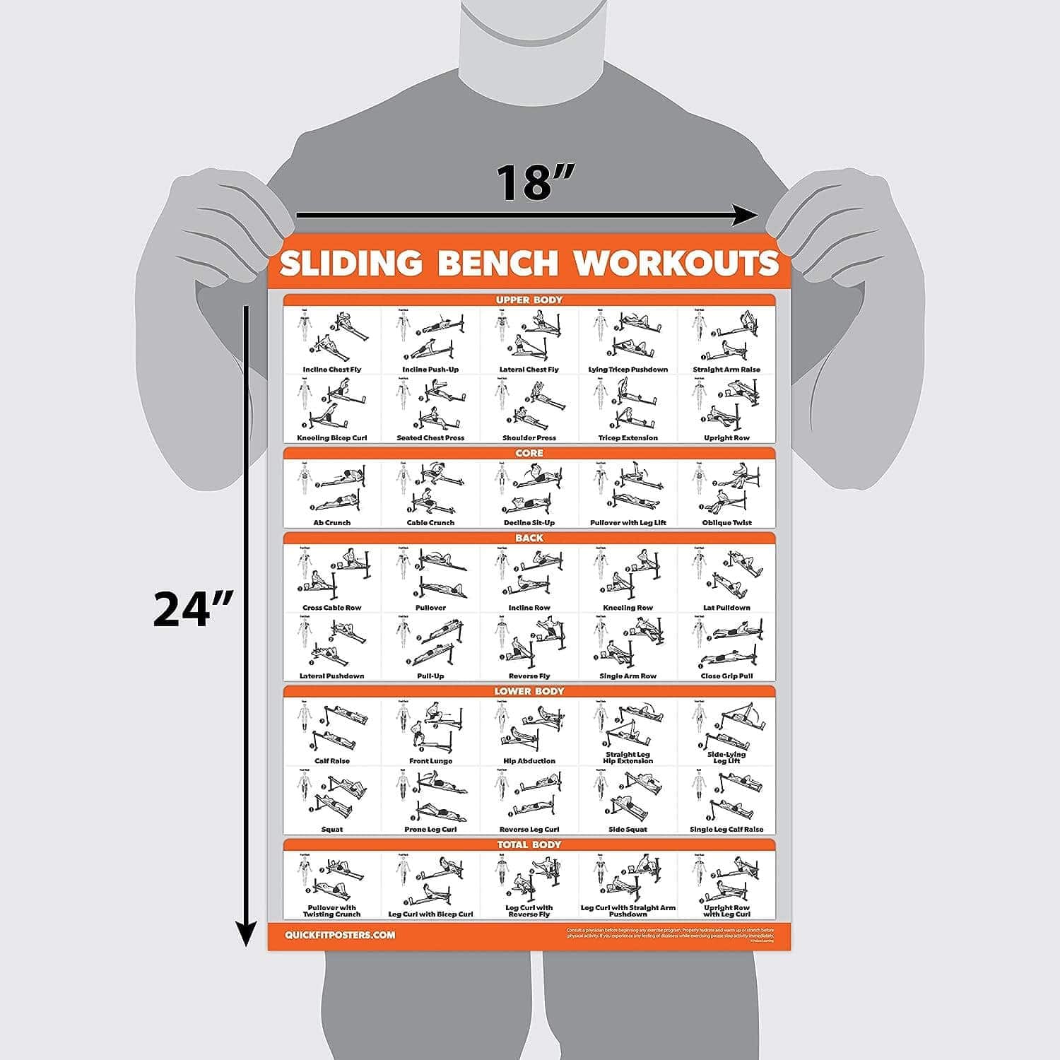 Eclipse Martial Art Supplies Fitness Planners Sliding Bench Workout Poster - Compatible with Total Gym