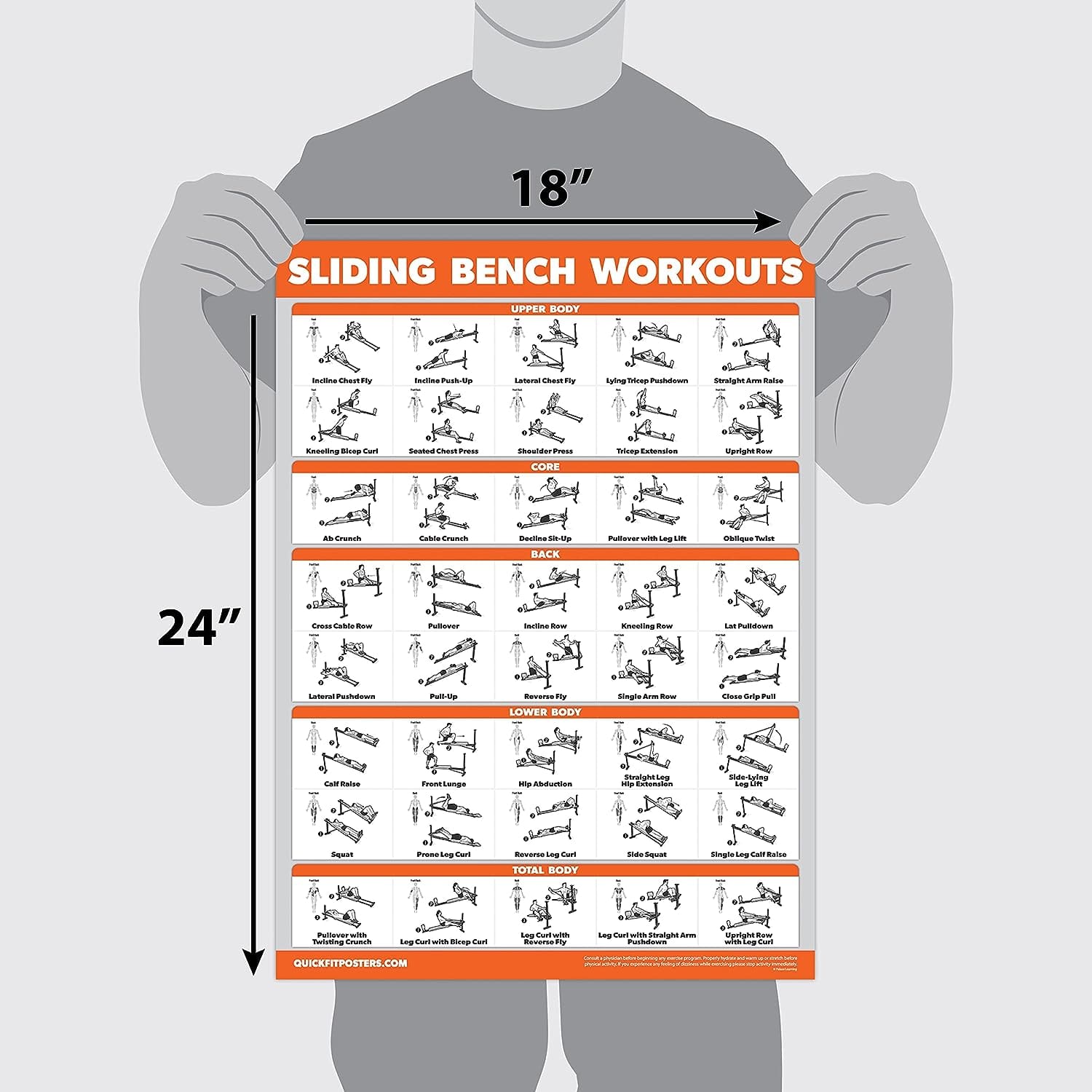 Eclipse Martial Art Supplies Fitness Planners Sliding Bench Workout Poster - Compatible with Total Gym, Weider Ultimate Body Works - Incline Bench Exercise Chart (LAMINATED, 18" x 24")