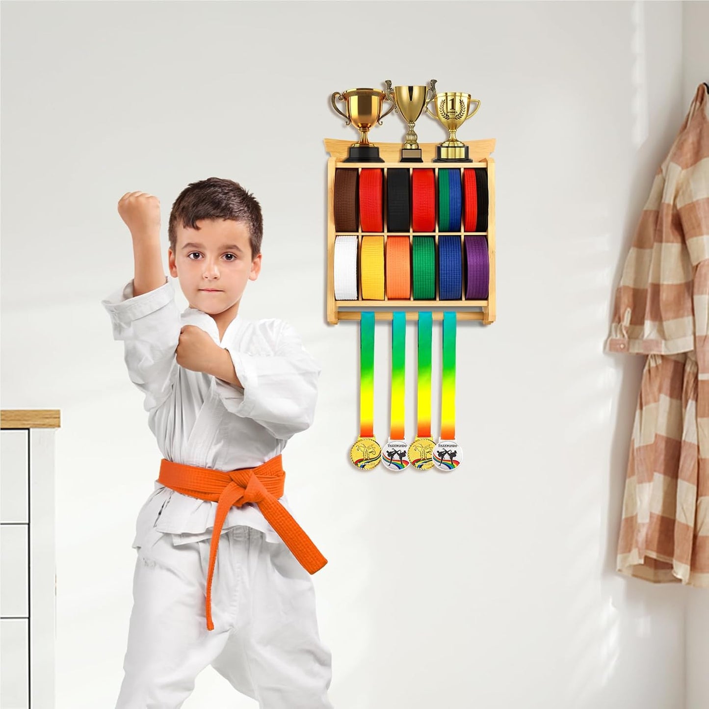 Eclipse Martial Art Supplies sporting goods 12 Belts Karate Belt Display Rack with Trophy and Medal Display Rack