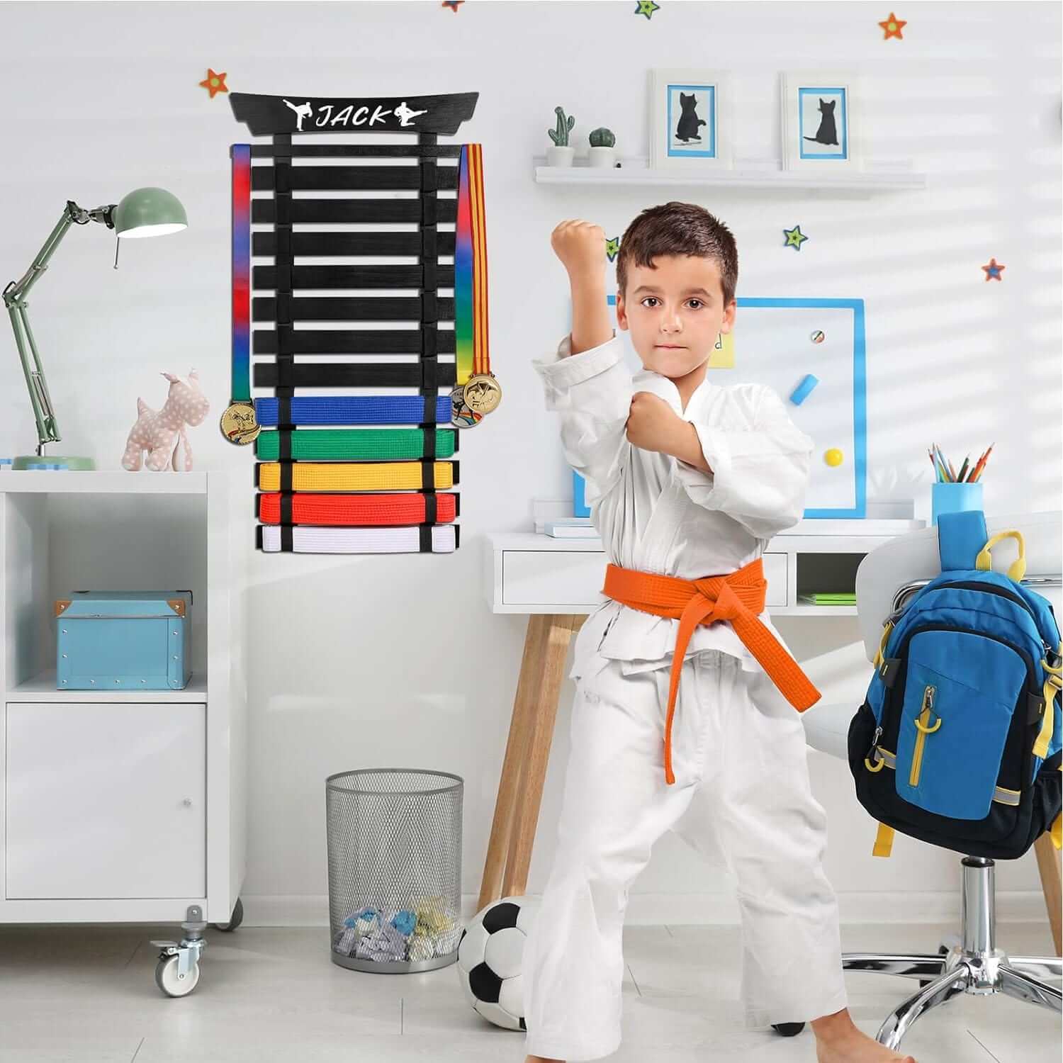 Eclipse Martial Art Supplies sporting goods 12 Belts Karate Belt Display Rack with Stickers, Martial Arts Belt Display Holder, Taekwondo Belt Jiu Jitsu Belt BJJ Belt Display Hanging Holder for Kids and Adults Gifts