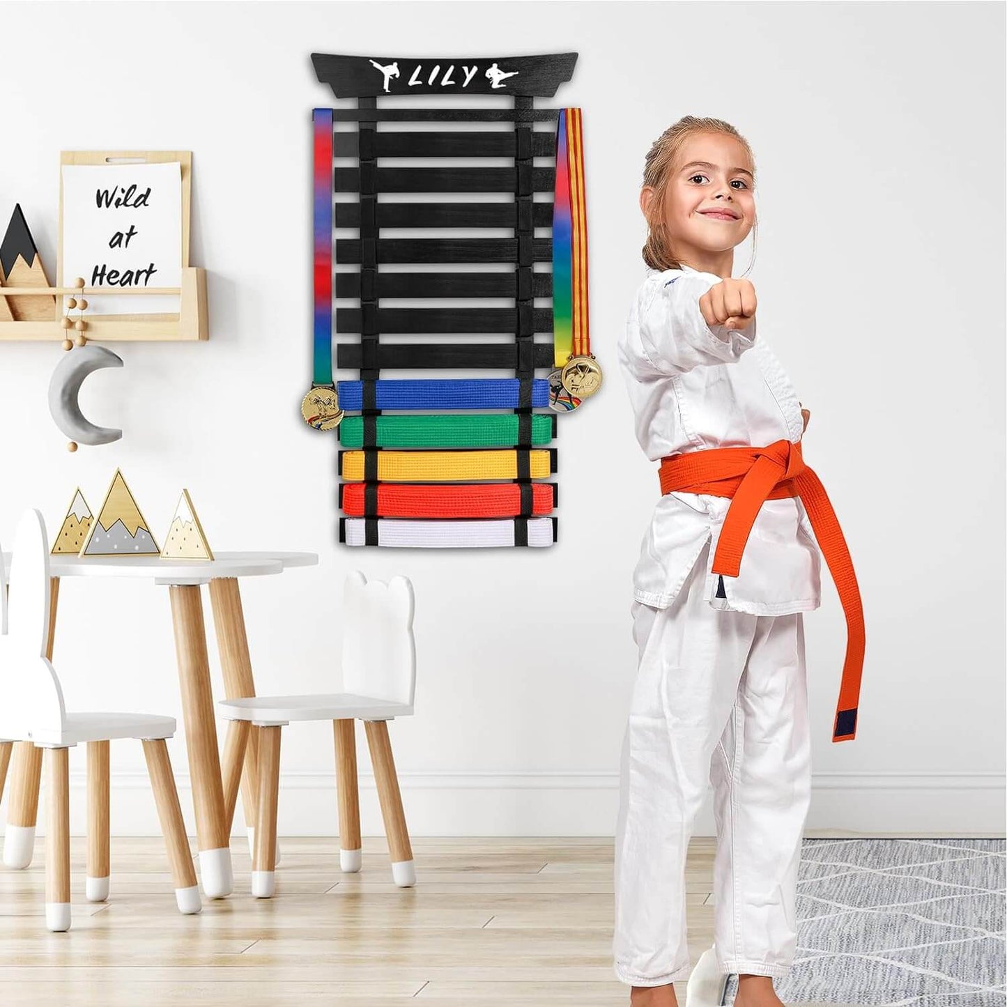 Eclipse Martial Art Supplies sporting goods 12 Belts Karate Belt Display Rack with Stickers, Martial Arts Belt Display Holder, Taekwondo Belt Jiu Jitsu Belt BJJ Belt Display Hanging Holder for Kids and Adults Gifts