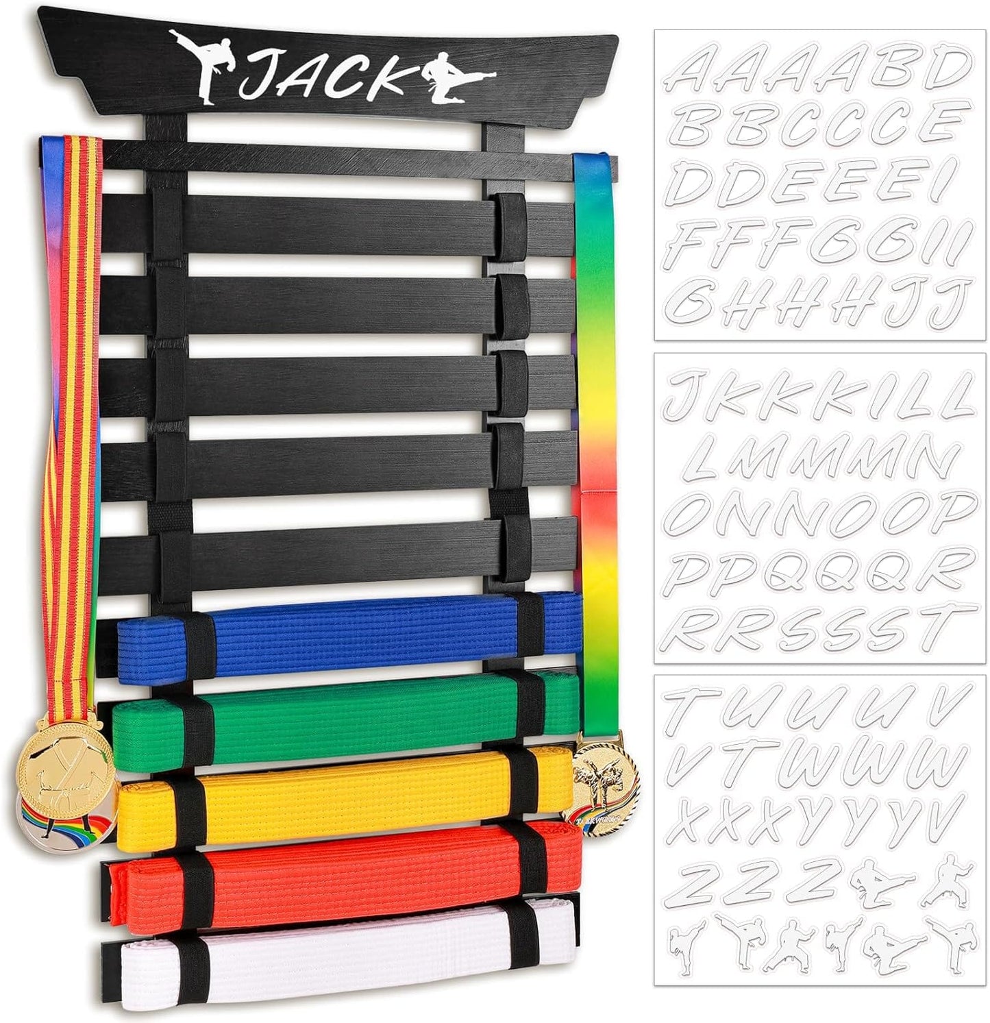 Eclipse Martial Art Supplies sporting goods Black 10 Belts Karate Belt Display Rack with Stickers, Taekwondo Belt Display Holder, Martial Arts Belt Display, No Assembly Required, BJJ Hanging Holder for Kids and Adult