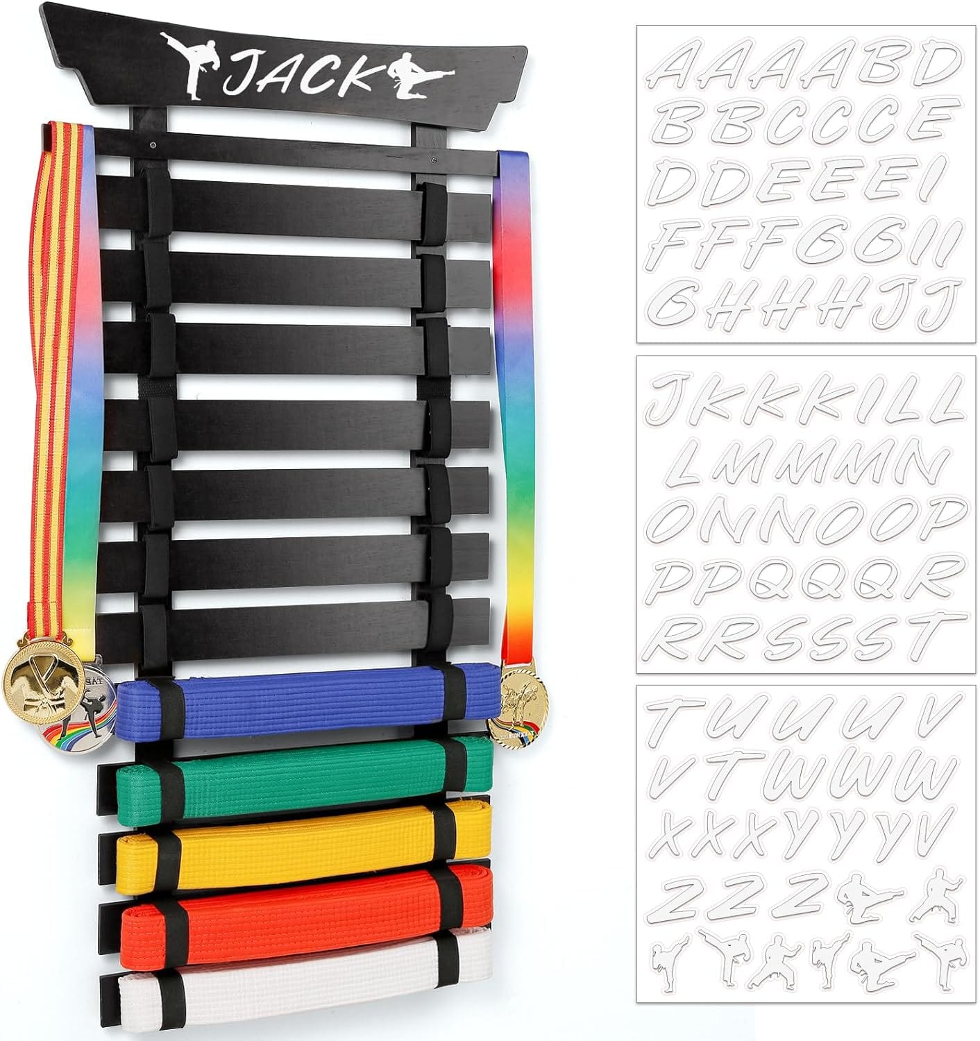 Eclipse Martial Art Supplies sporting goods Black 12 Belts Karate Belt Display Rack with Stickers, Martial Arts Belt Display Holder, Taekwondo Belt Jiu Jitsu Belt BJJ Belt Display Hanging Holder for Kids and Adults Gifts