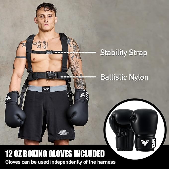 Eclipse Martial Art Supplies sporting goods black Adult Boxing Harness with 12oz Gloves – Adjustable Resistance Bands