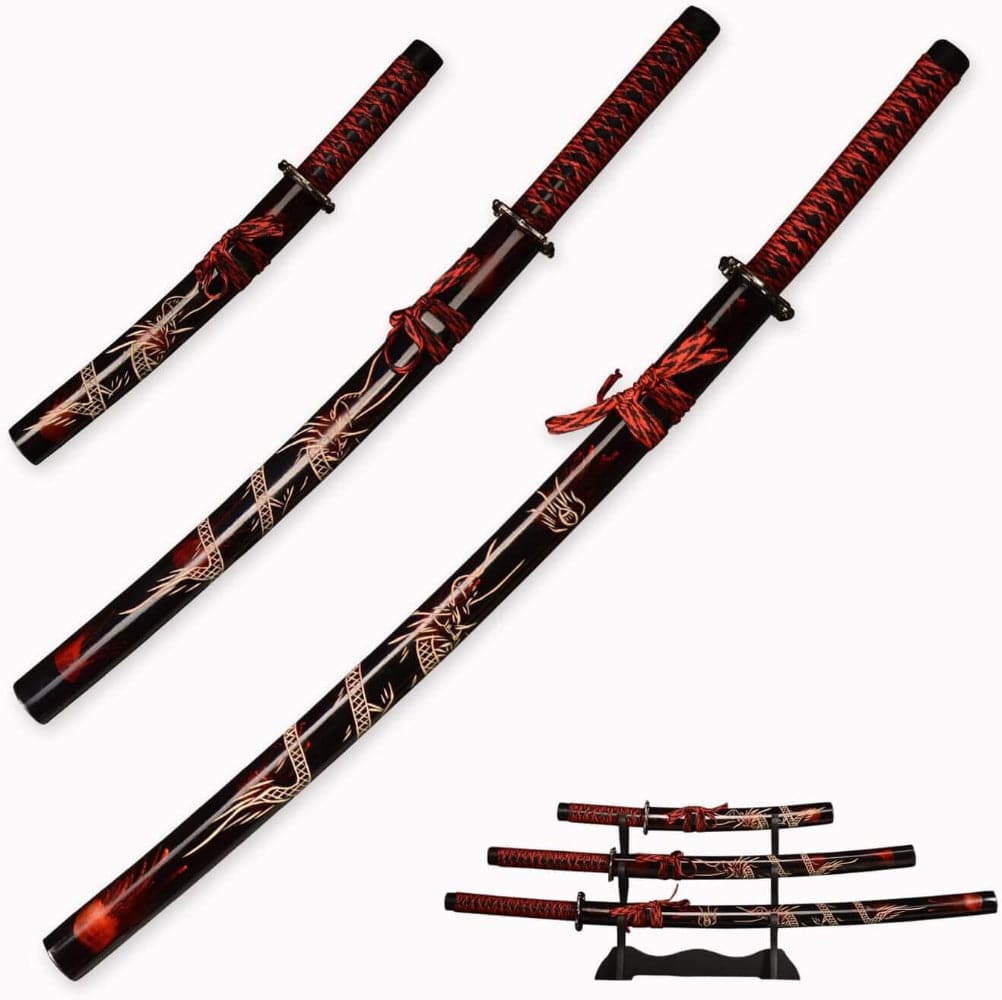 Eclipse Martial Art Supplies sporting goods Black/Red Handmade Japanese Katana 3-Piece Set with Display Stand