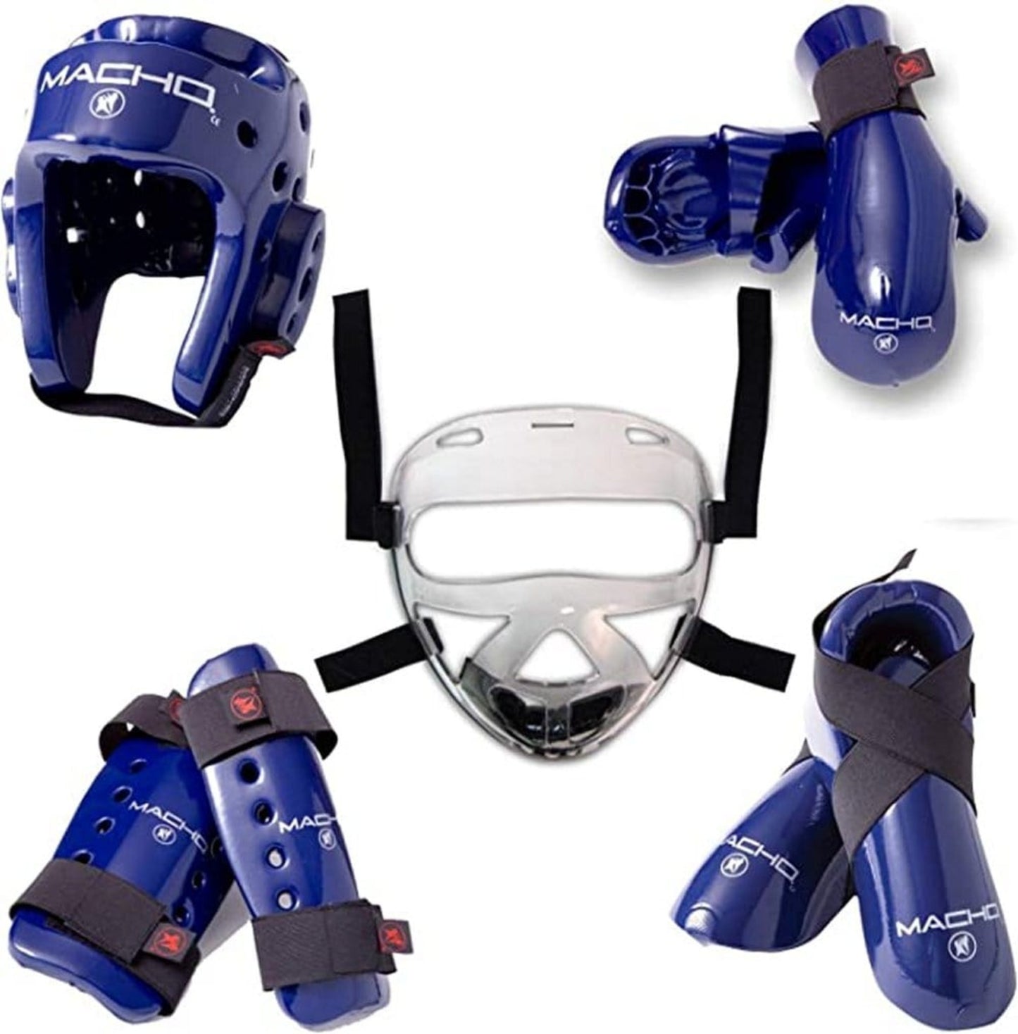Eclipse Martial Art Supplies sporting goods Blue / child small Macho Dyna 9 Piece Sparring Gear Set with shin Guards and face Shield