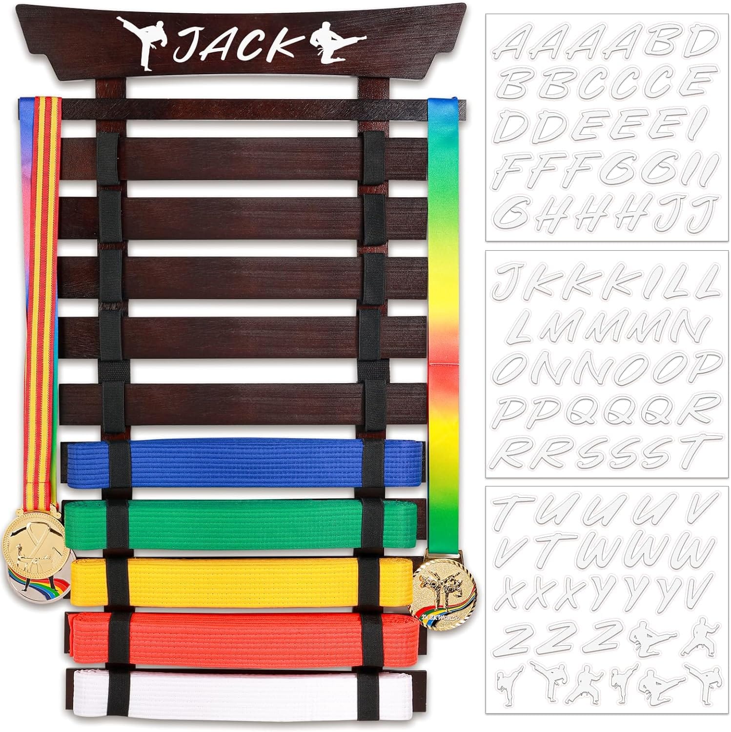 Eclipse Martial Art Supplies sporting goods Walnut 10 Belts Karate Belt Display Rack with Stickers, Taekwondo Belt Display Holder, Martial Arts Belt Display, No Assembly Required, BJJ Hanging Holder for Kids and Adult