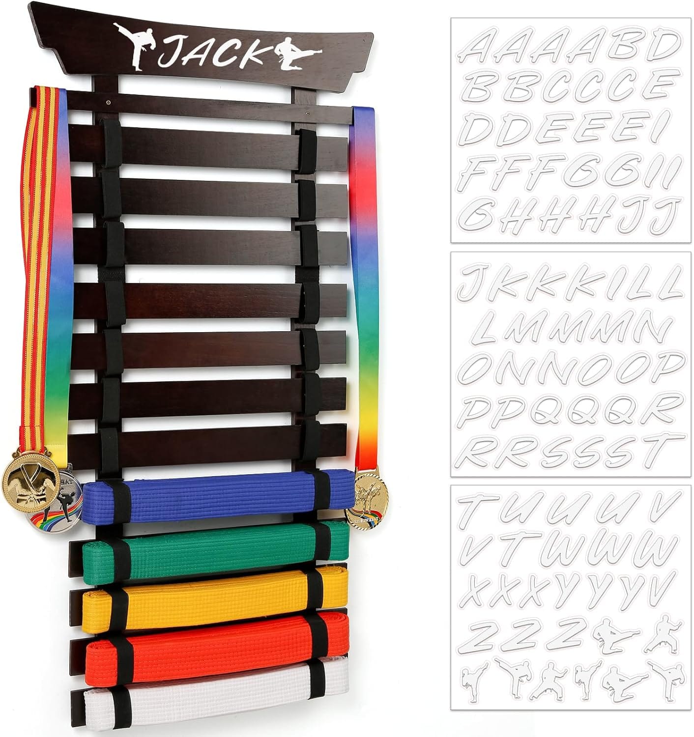 Eclipse Martial Art Supplies sporting goods Walnut 12 Belts Karate Belt Display Rack with Stickers, Martial Arts Belt Display Holder, Taekwondo Belt Jiu Jitsu Belt BJJ Belt Display Hanging Holder for Kids and Adults Gifts