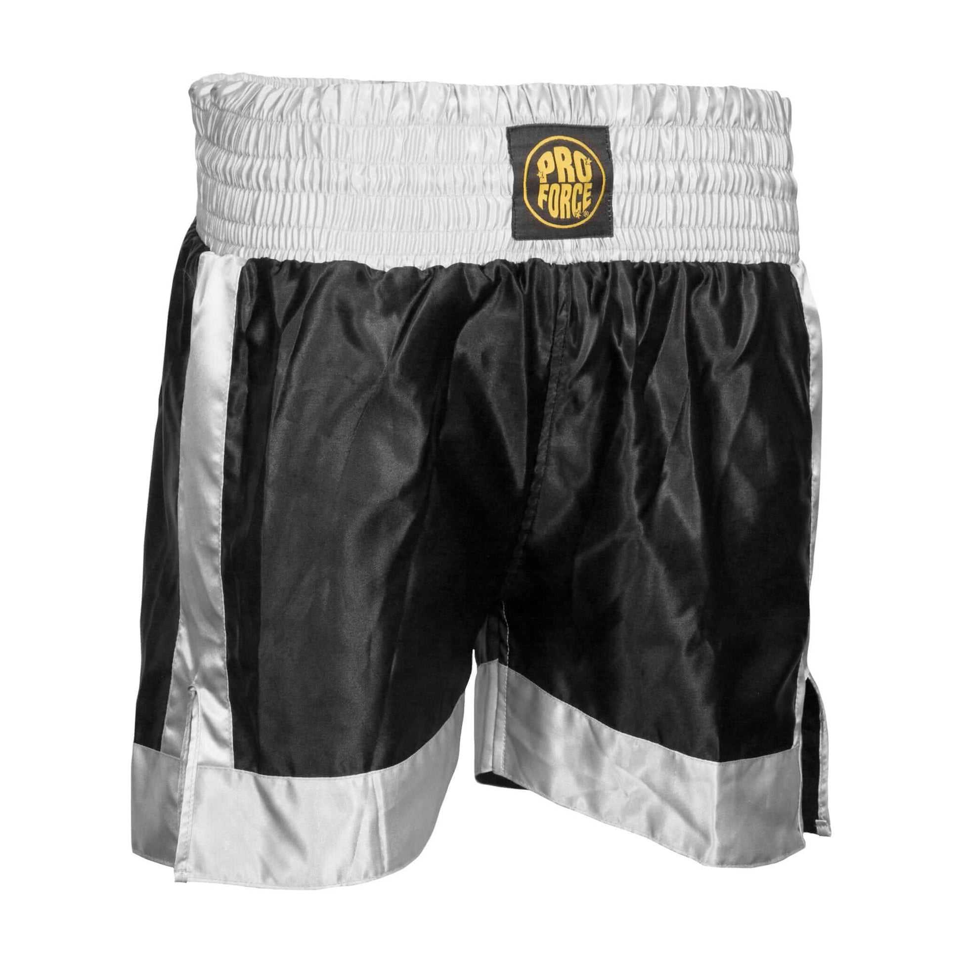 ProForce sporting goods black/gray / adult small ProForce Thunder Satin Boxing Trunk kickboxing shorts