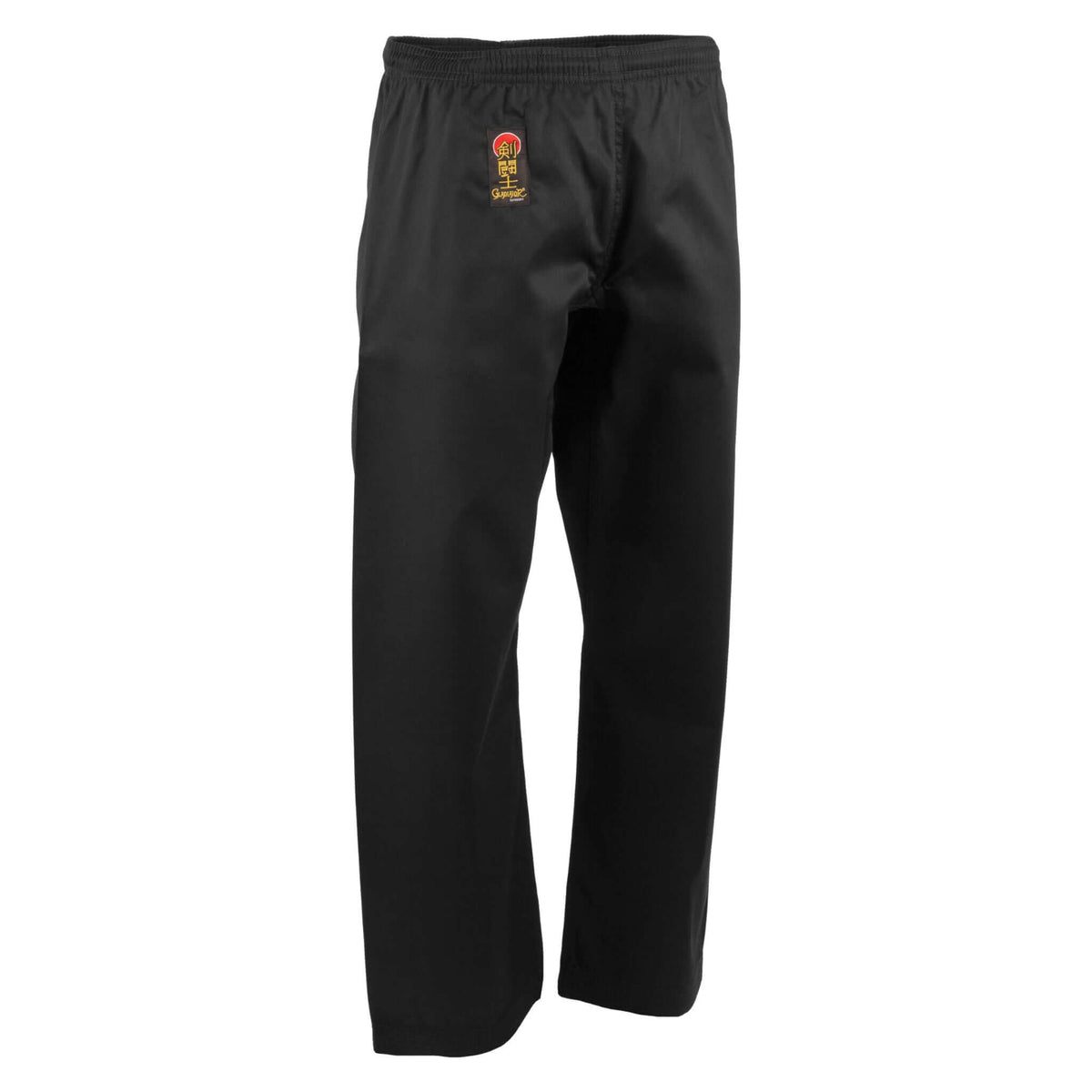 Black proforce gladiator 6 oz karate pants with gold and red embroidered logo on the waistband 55 45 blend