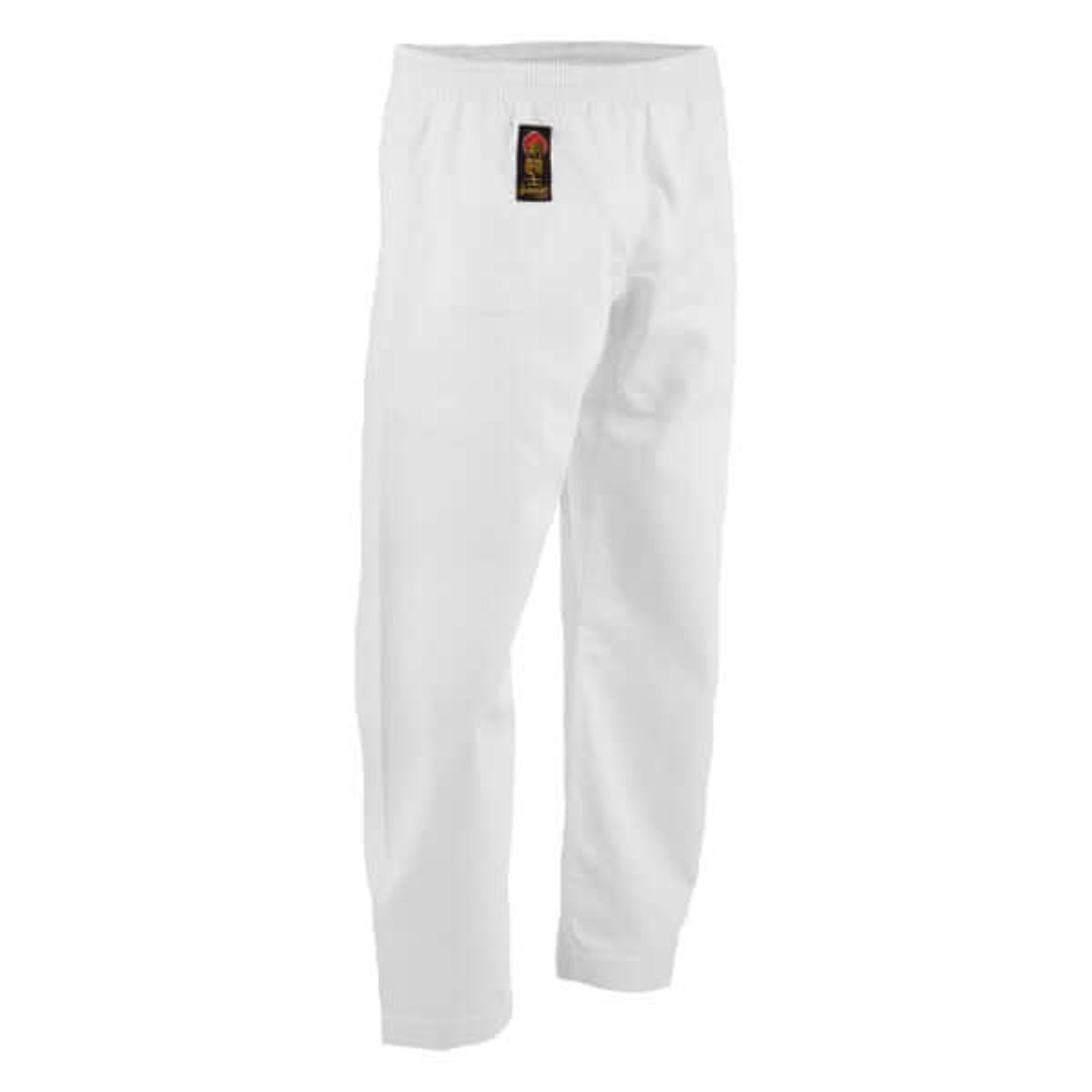 White proforce gladiator 6 oz karate pants with black and red logo patch on waistband 55/45 blend fabric